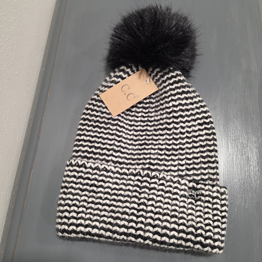 C.C Super Soft Striped Black and White Pom Beanie